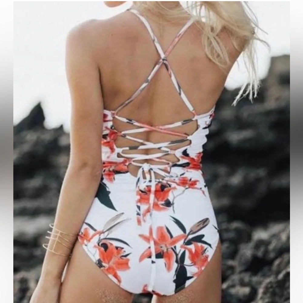 Albion White One-Piece Swimsuit with Coral Floral Lace-Up Back